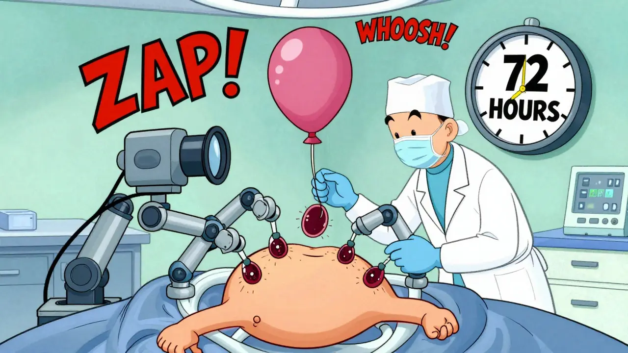 Surgeon performing laparoscopic gallbladder removal with cartoon robotic tools and a ticking 72-hour clock.