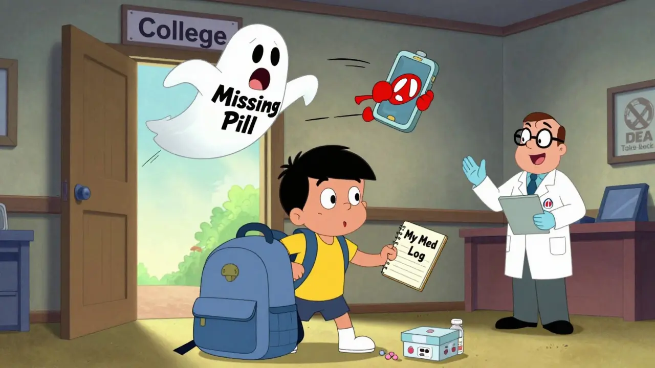 Teen packing for college with locked medication box and med log notebook.