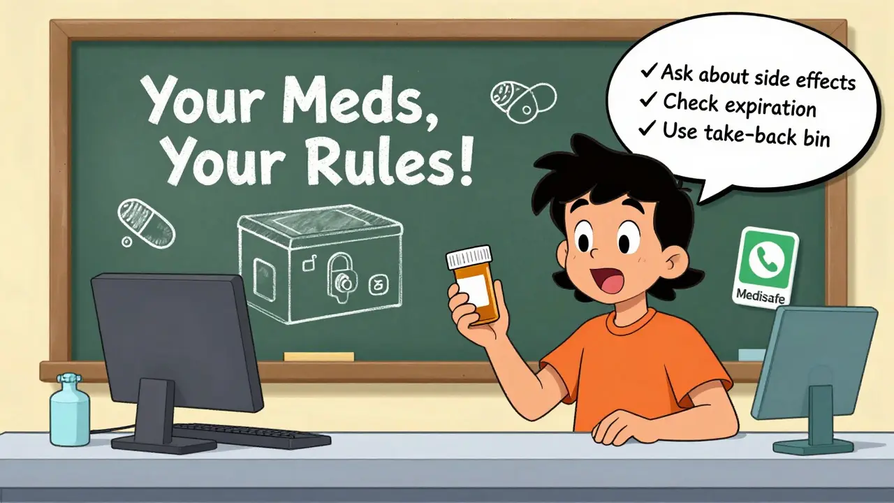 Teen talking to a pharmacist about medication, with educational doodles in the background.