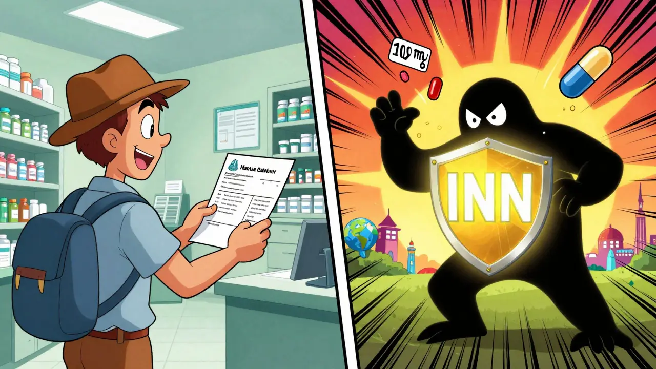 Traveler safely handing medical documents to pharmacist as a mistake monster is defeated