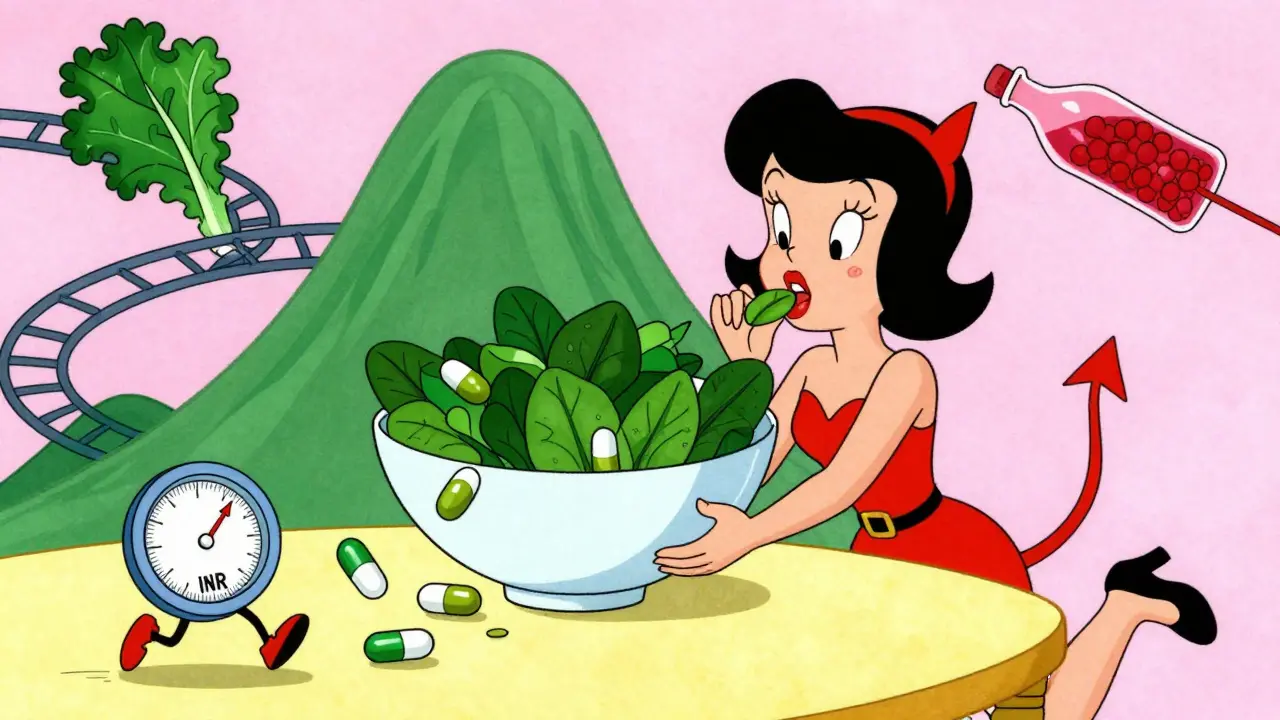 Woman eating giant spinach bowl while warfarin pills panic and INR meter spins out of control.