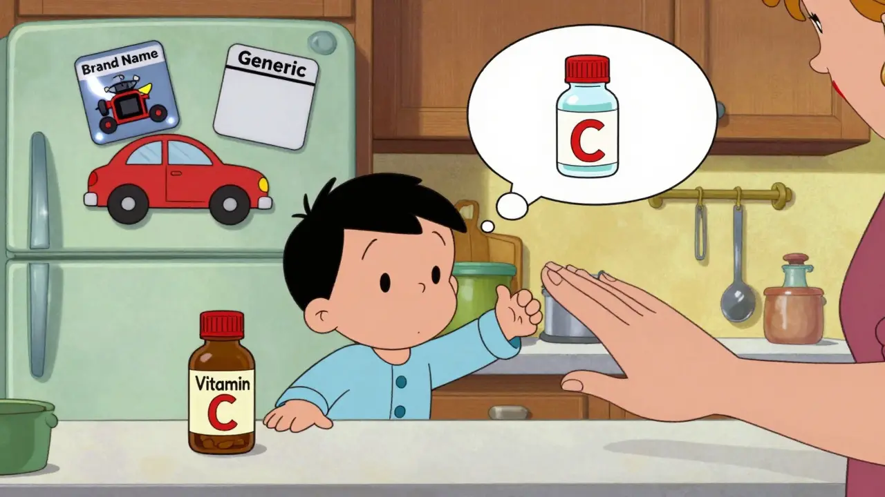 A child reaching for a pill bottle on the counter while a parent stops them, with a thought bubble showing candy-like imagination.