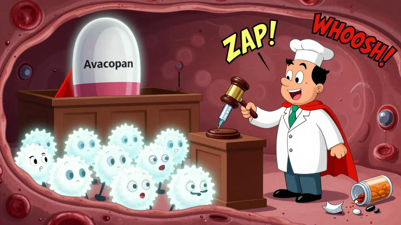 A courtroom inside the body where white blood cells judge autoimmune attack, with a syringe gavel and superhero pill.