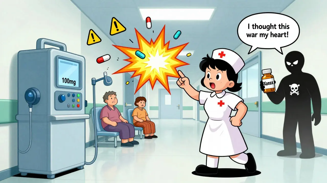 A nurse accidentally triggers a dangerous dosage on an infusion pump, causing pills to explode in a cartoon style.