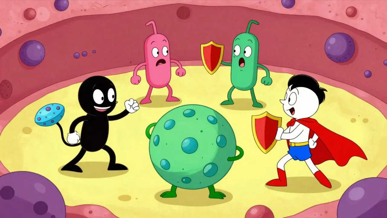 Cartoon immune battle with IVIG blocking harmful antibodies attacking cells.