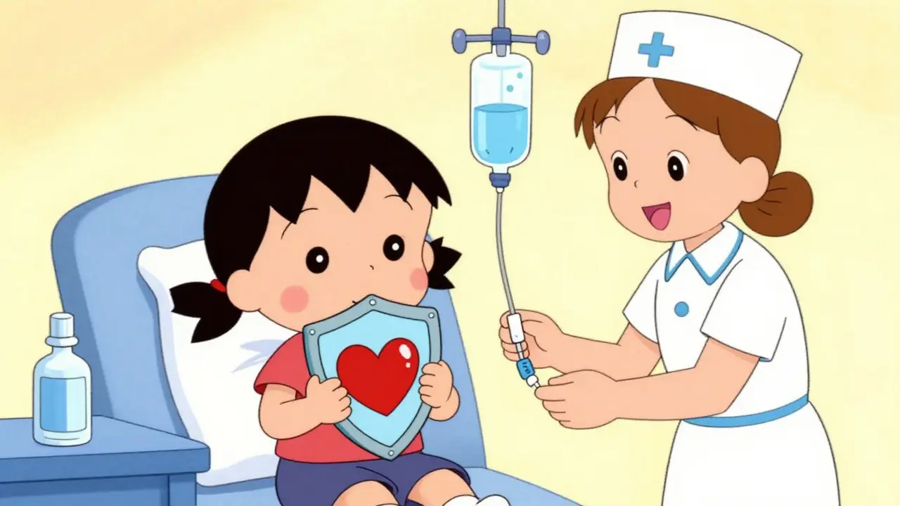 Child receiving IVIG infusion with shielded heart, preventing damage.