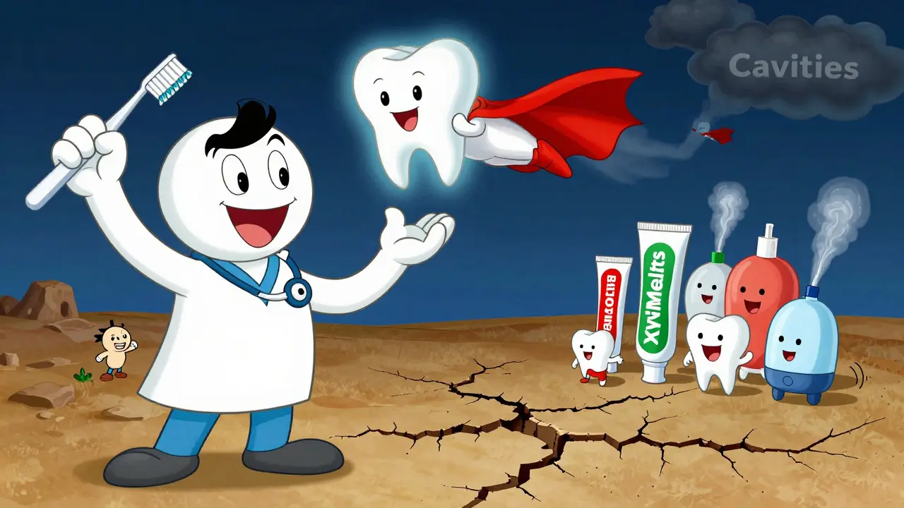 Dentist with toothbrush stethoscope helps a dry mouth with fluoride toothpaste and cartoon oral care heroes.