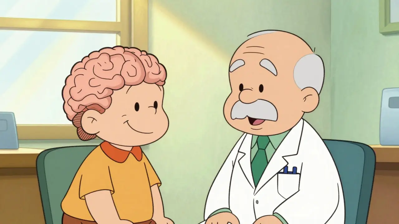 Doctor and patient smiling as brain fog clears, cartoon illustration