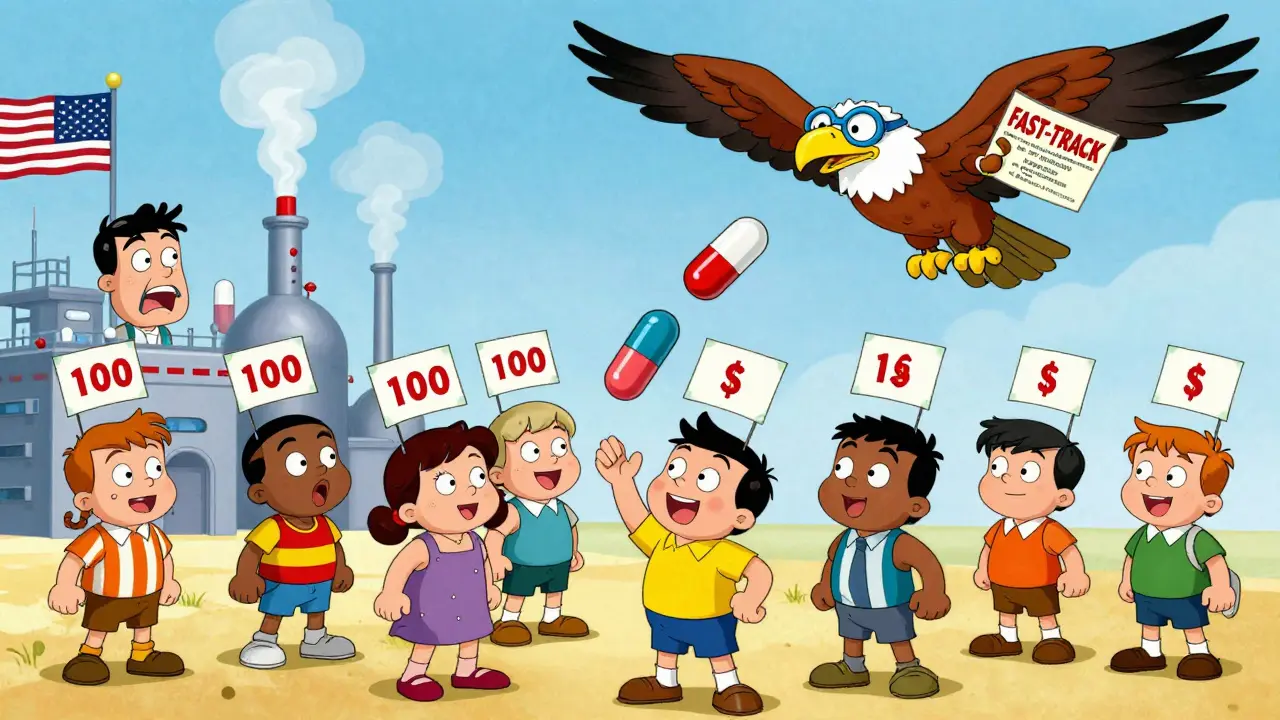 Patients celebrating falling drug prices as an authorized generic drops like a superhero, with U.S. factories and FDA eagle in background.