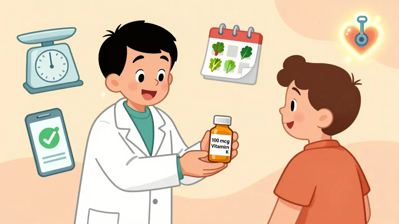 Pharmacist giving vitamin K supplement to patient, surrounded by food scale, app, and heart valve icons.
