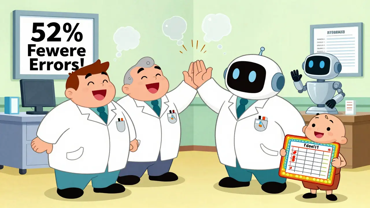 Pharmacists and robots celebrate reducing medication errors with a giant barcode scanner and colorful visual schedule.