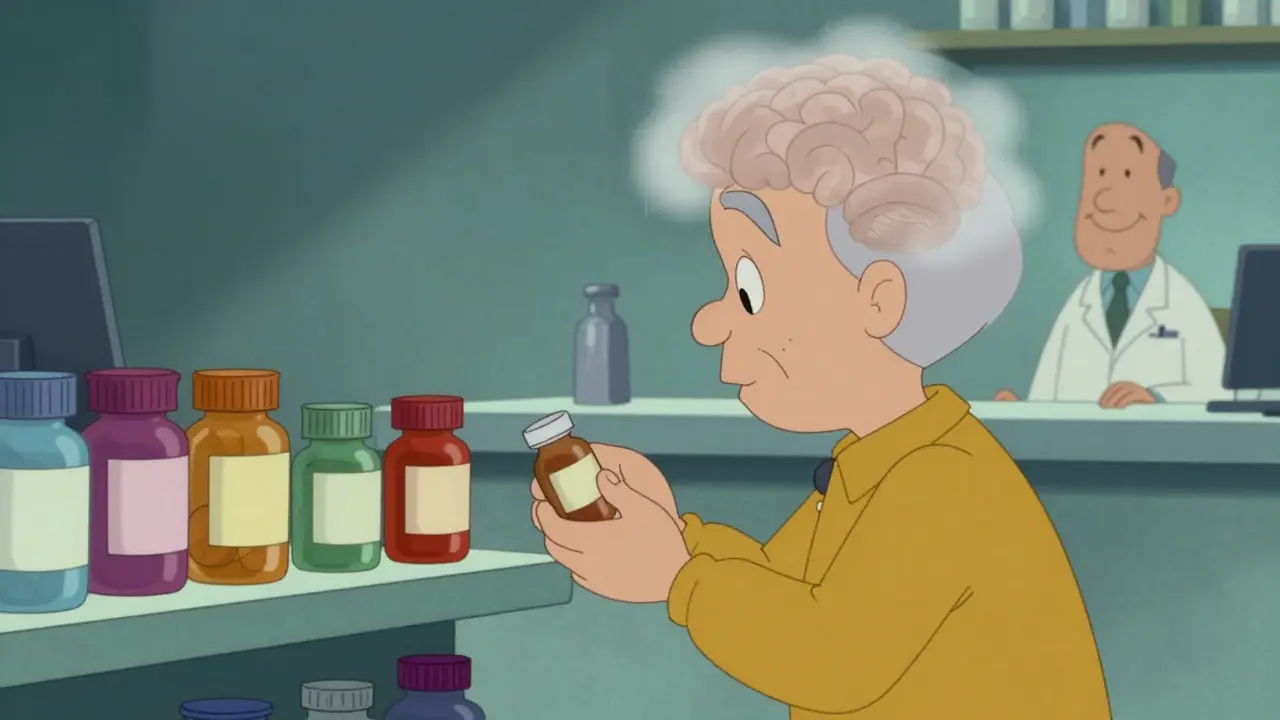 Pharmacy shelf with colorful pills, worried person with foggy head