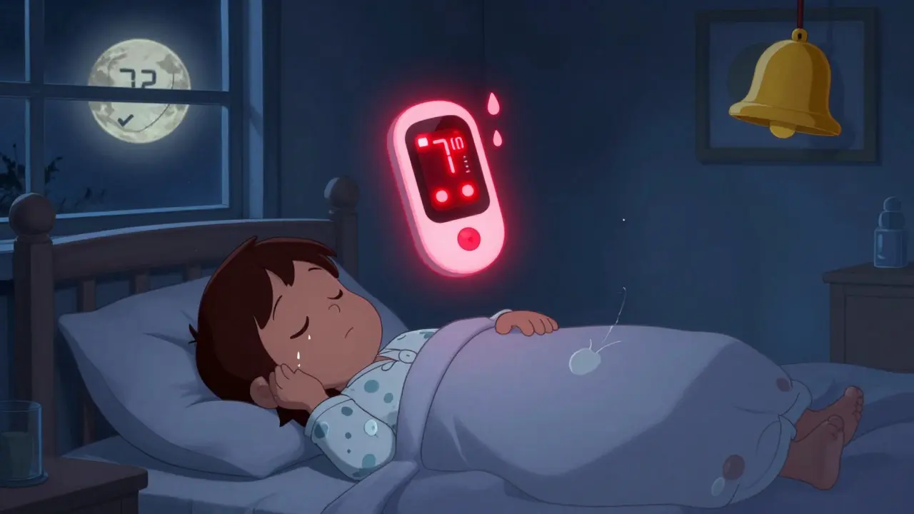 Sleeping person with floating CGM alerting sweat droplets during the night, in Hanna-Barbera cartoon style.