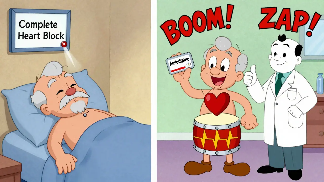 Split scene: one side shows a collapsing patient, the other a smiling patient with safe medication.