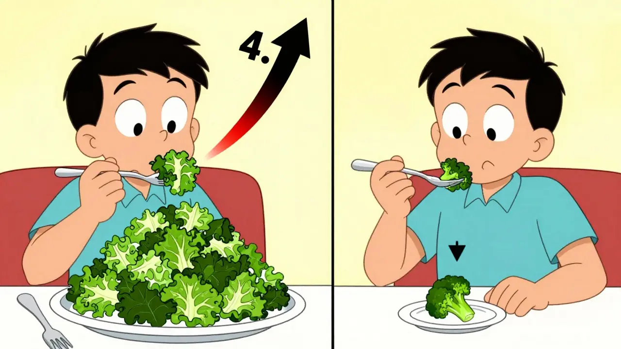 Split scene: one side with giant kale salad causing high INR, other with small broccoli portion keeping INR stable.