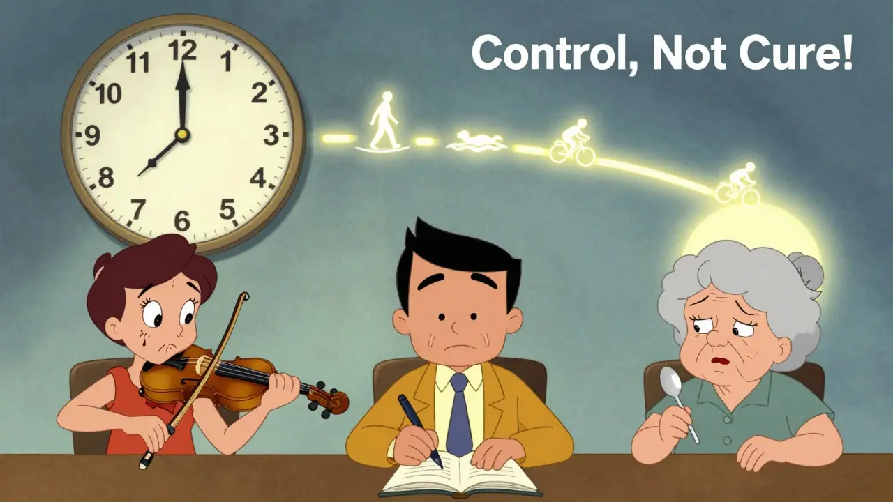 Three people with improving tremors over time, shown with icons of exercise and a clock marking 4-8 weeks.