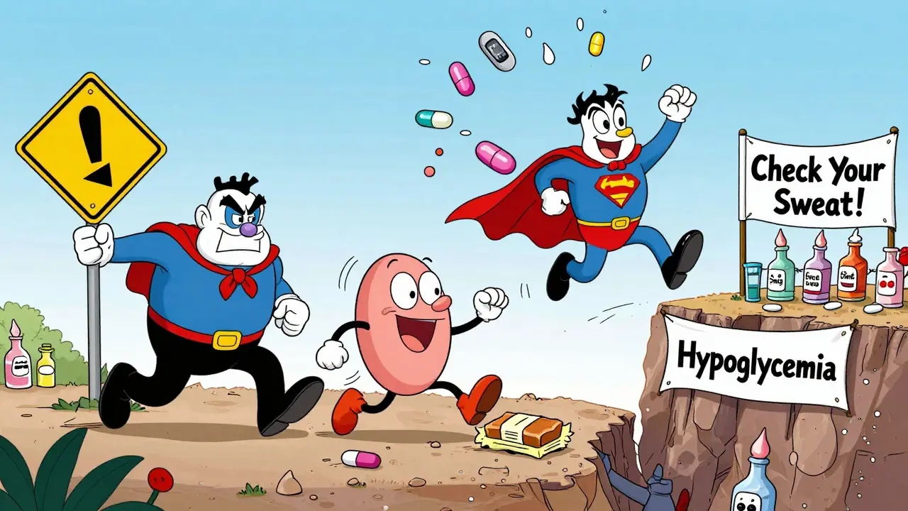 Three personified beta-blocker pills in a race, with Carvedilol as a superhero saving glucose levels.
