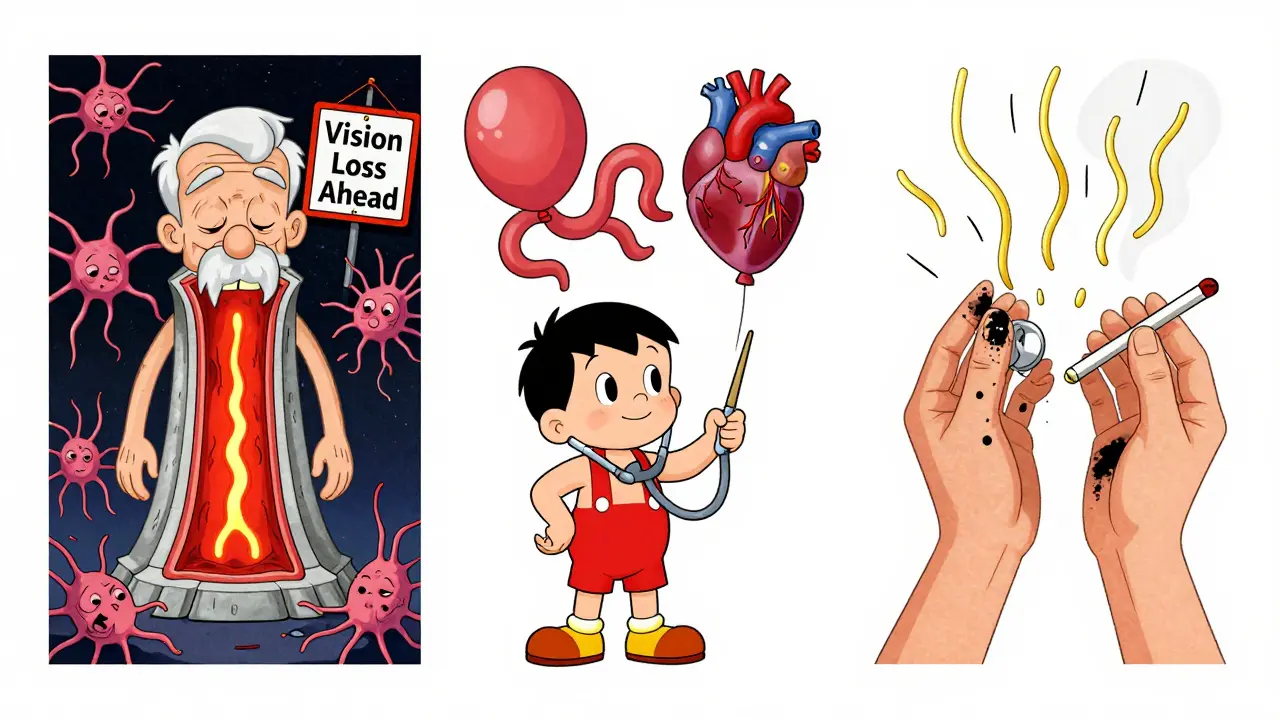 Three scenes: elderly man with inflamed temple artery, child with balloon-like heart vessels, and smoker's damaged hands.