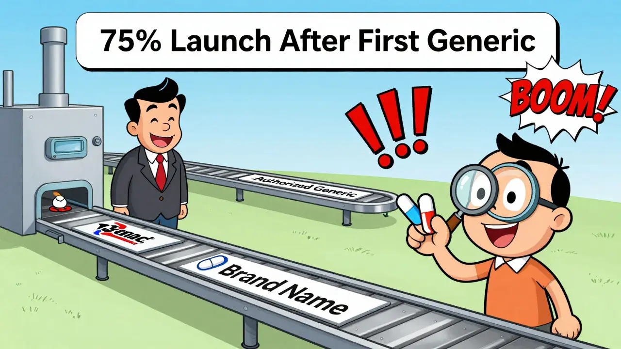 Two conveyor belts in a factory—one for branded drug, one for authorized generic—with a smiling CEO and patient observing.
