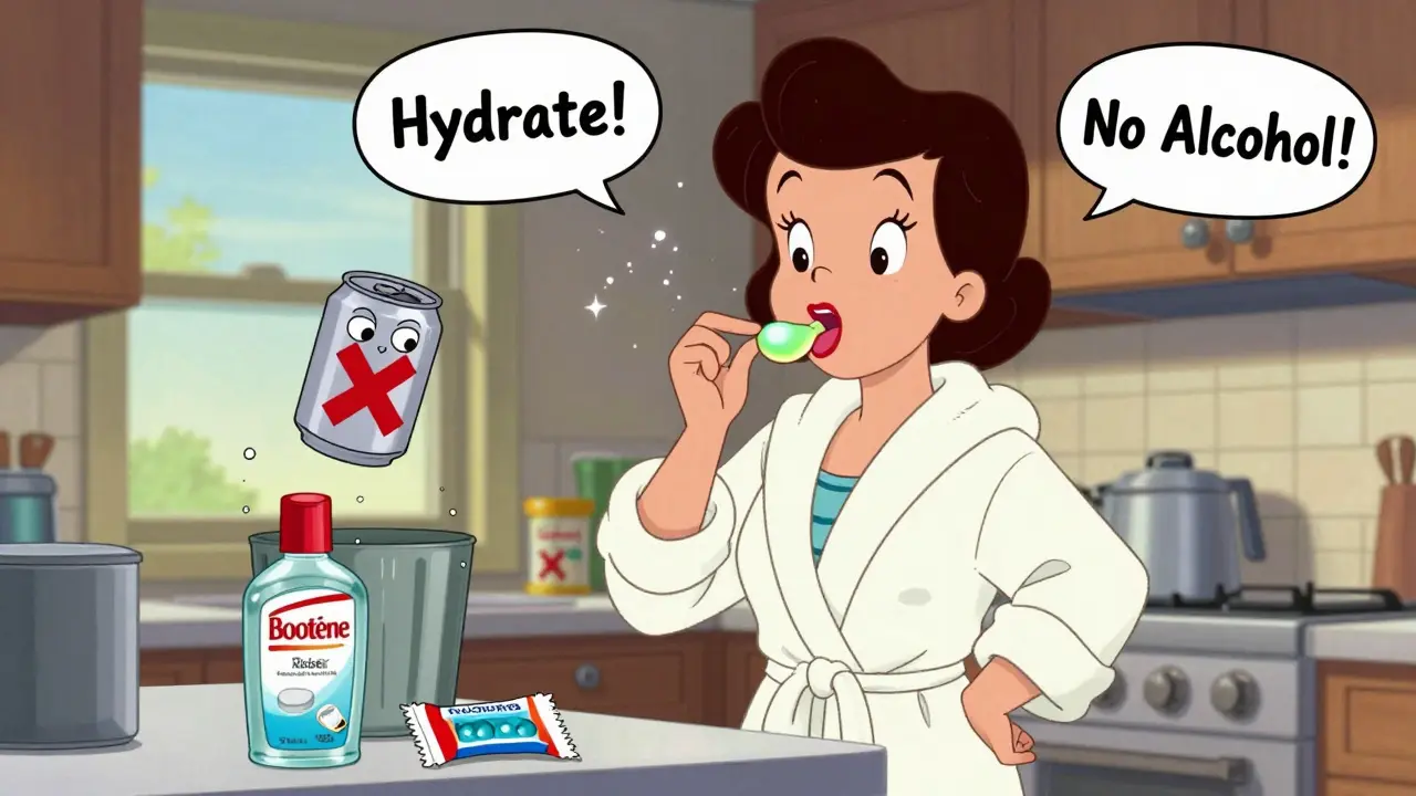 Woman chewing xylitol lozenge with sparkling moisture around her mouth while avoiding soda.