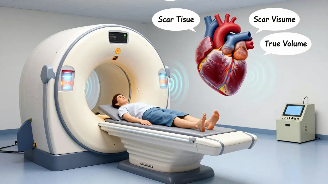 A whimsical MRI machine scanning a detailed 3D heart with glowing magnets.