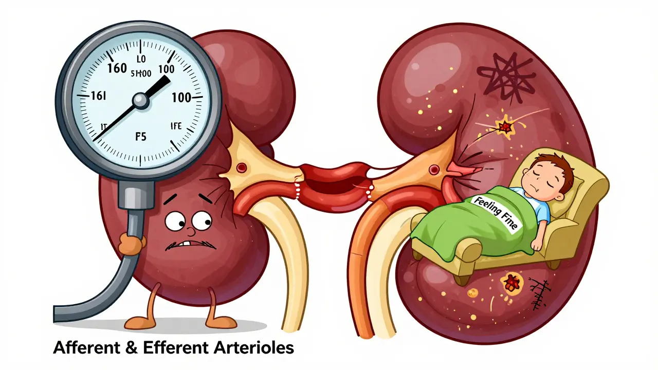 Blood vessels being crushed by high blood pressure while a patient sleeps unaware.