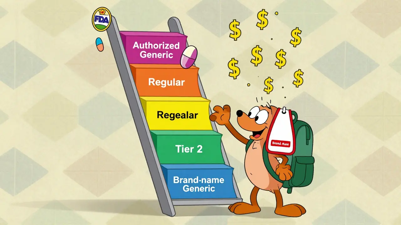 Colorful tiered formulary ladder showing authorized generics in Tier 2, with brand-name drug on top struggling under a heavy price tag.