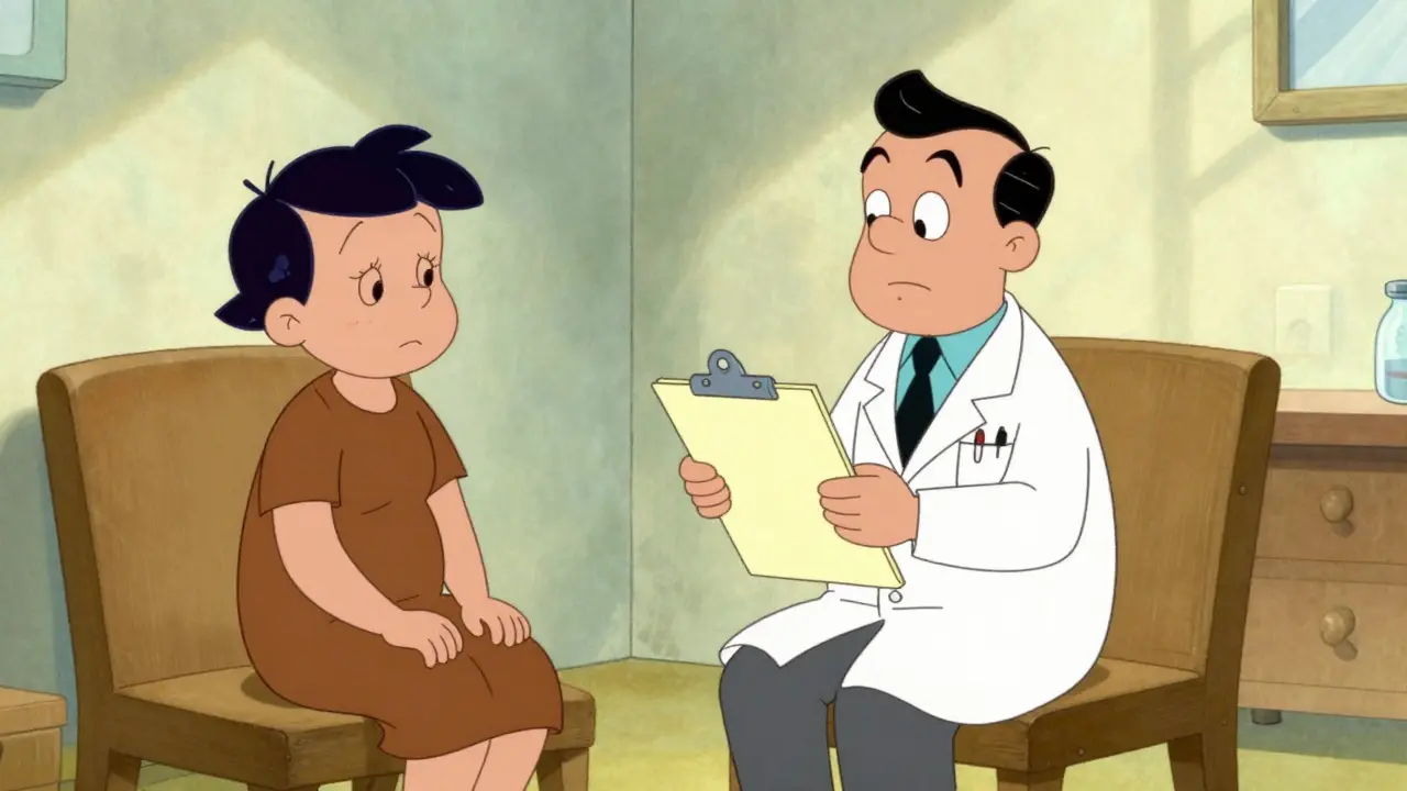 Doctor showing a clipboard to a patient in a medical office.