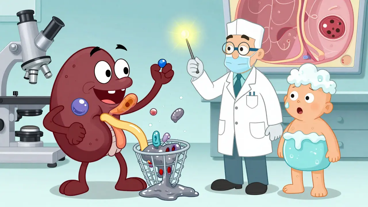 Immune system monster clogging kidney filters, with a scientist using a new treatment pill.