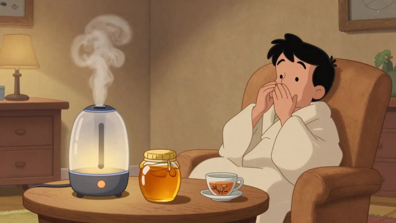 Natural remedies like honey and humidifier for cold relief