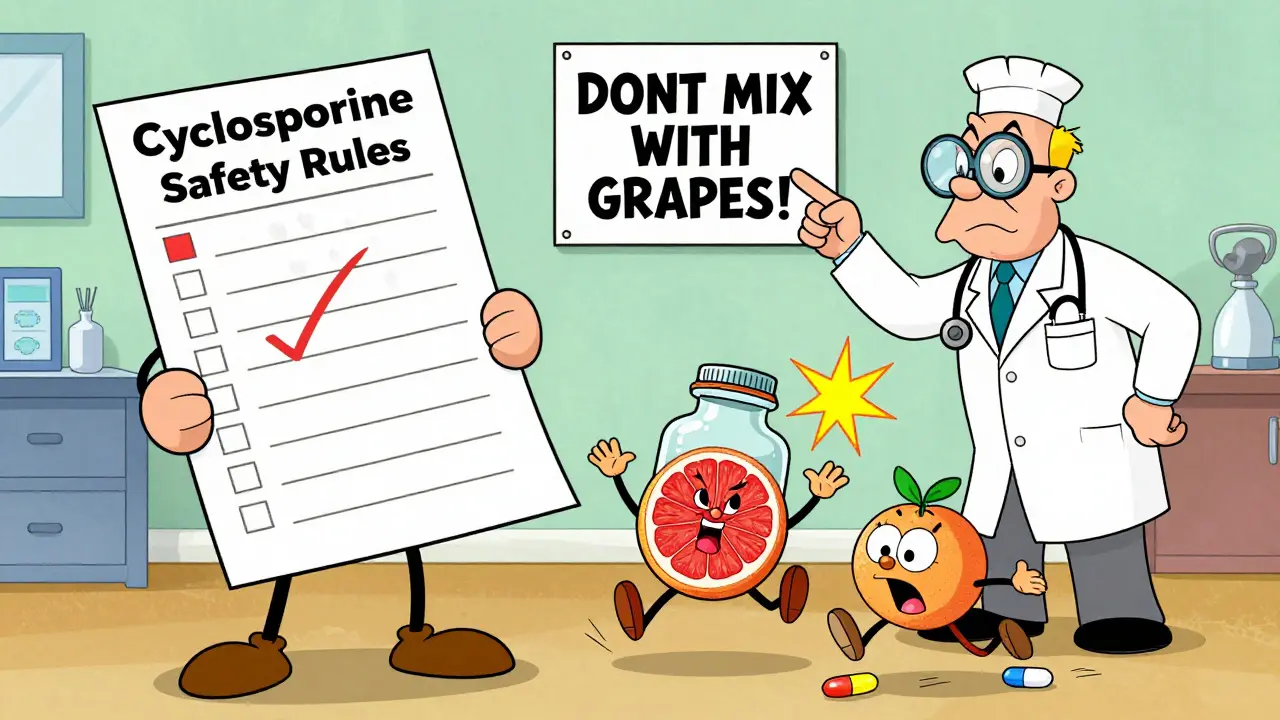 Patient checking medication list as a grapefruit tries to sneak into a pill bottle, pharmacist warning nearby.