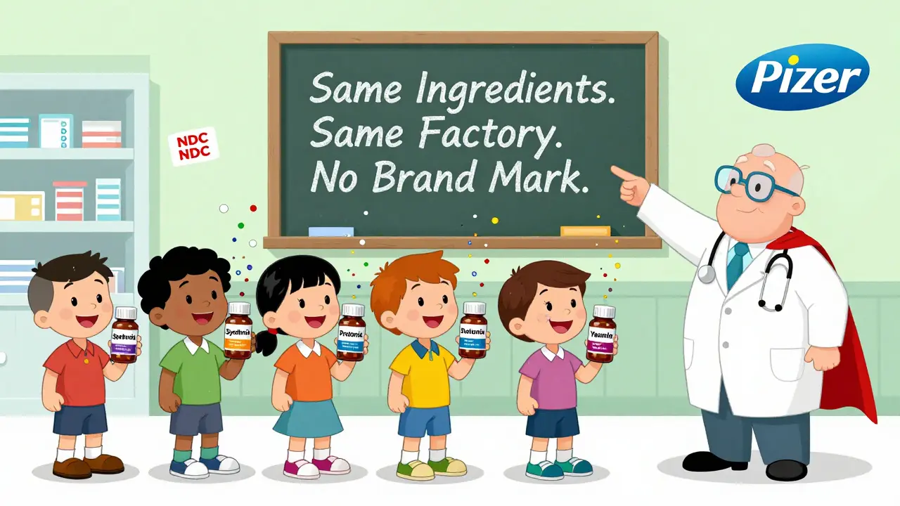 Patients watching their brand-name pills transform into authorized generics with confetti, as a doctor points to a chalkboard explanation.