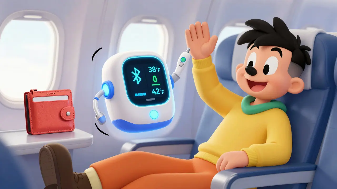 Smart pill box with Bluetooth and thermometer monitors meds on a plane, Frio Wallet and data logger celebrating nearby.