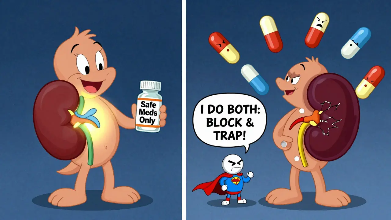 Split scene: healthy kidney on left, toxic kidney on right, with cyclosporine pill acting as a dual-force superhero.