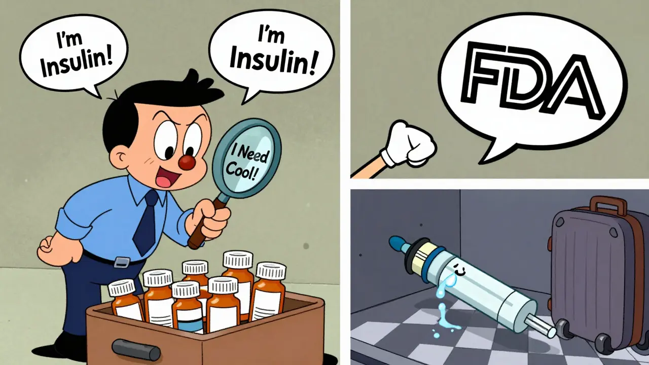 TSA agent checks prescription bottles in carry-on while a frozen injector cries in checked luggage, cartoon exaggeration.