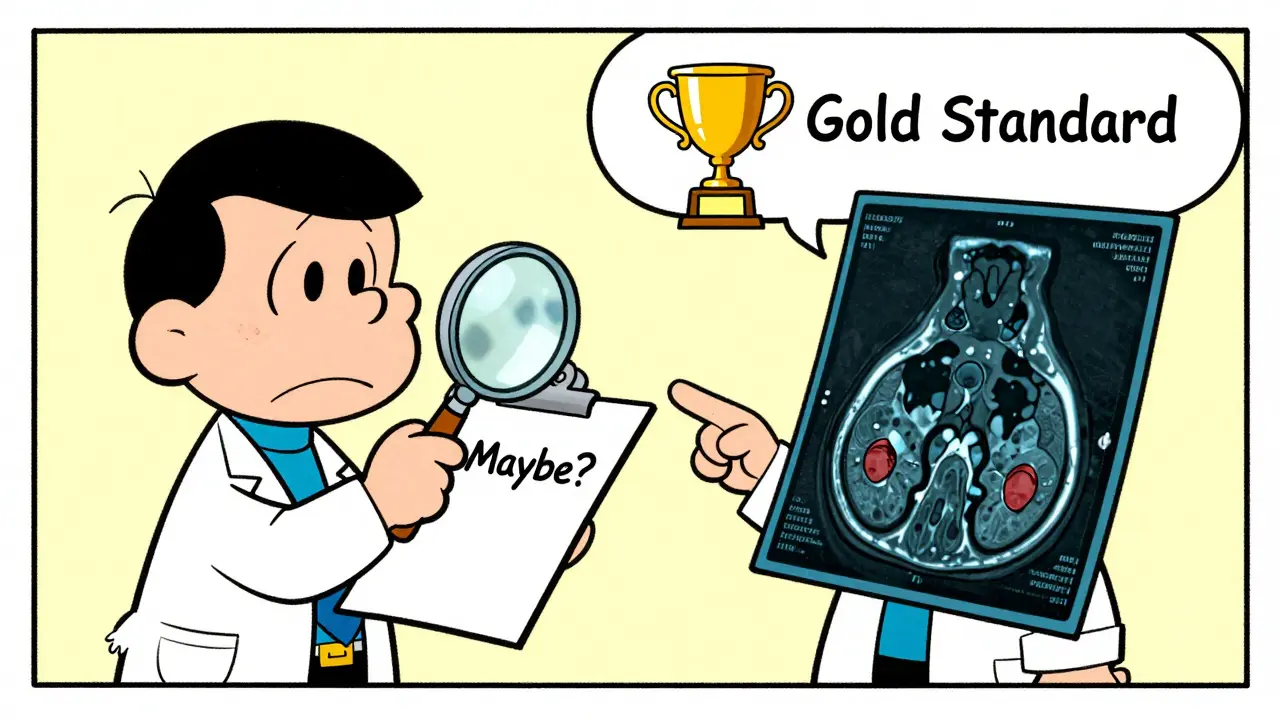 Two doctors comparing blurry echo image with clear MRI scan in comic style.