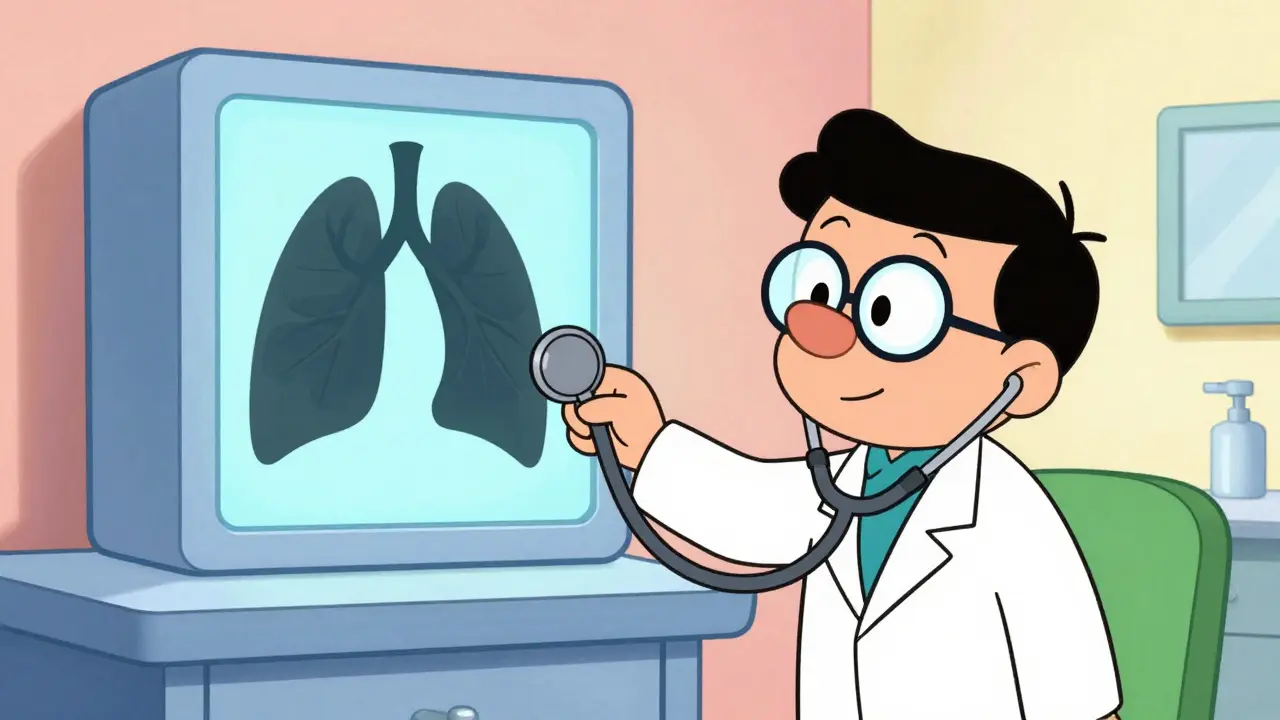 A doctor examining a patient with a simplified X-ray of a collapsed lung in the background.