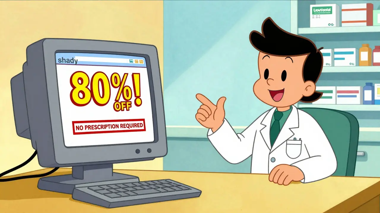 A split screen comparing a suspicious discount website and a verified pharmacy