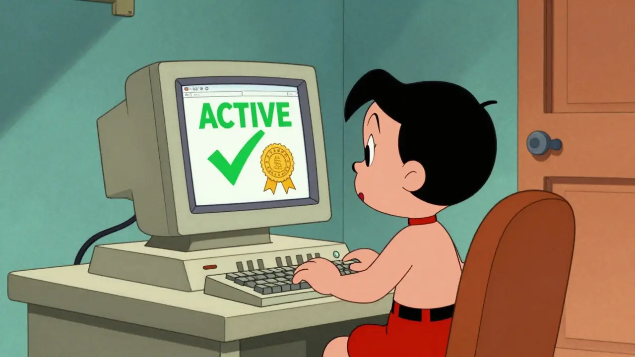 Cartoon character verifying a license on a vintage computer screen