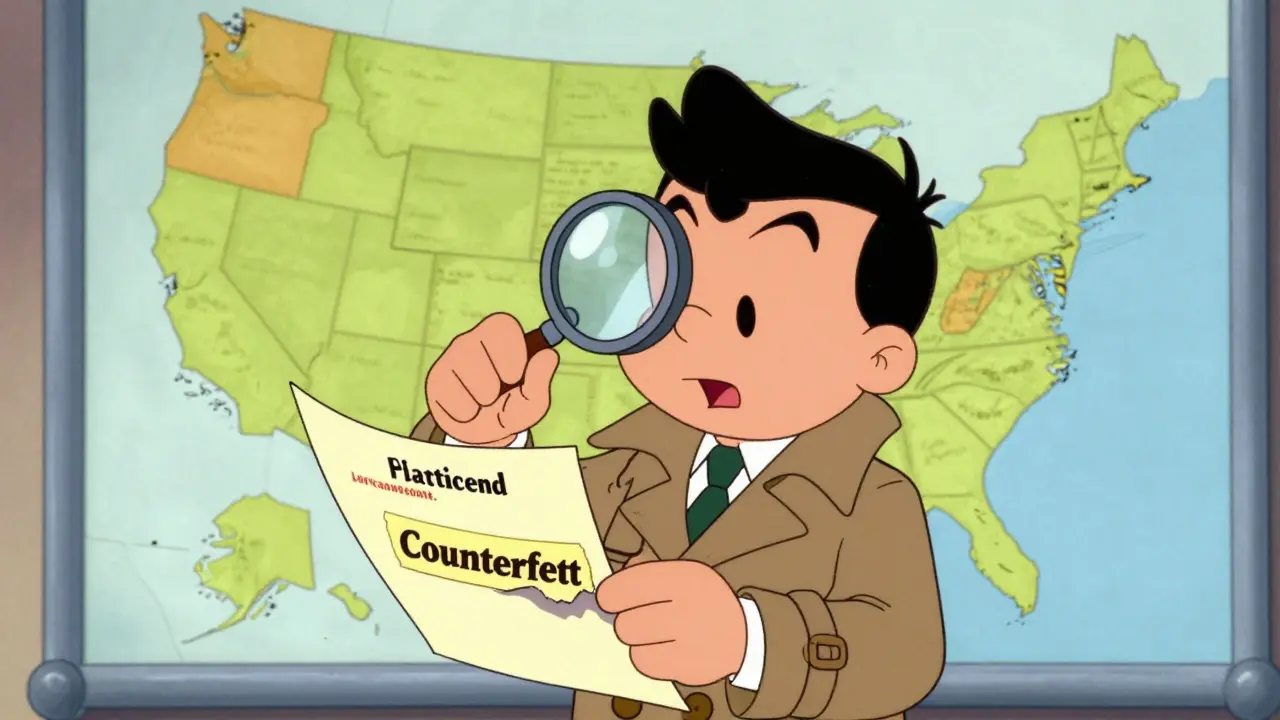 Cartoon detective uncovering a counterfeit pharmacy license