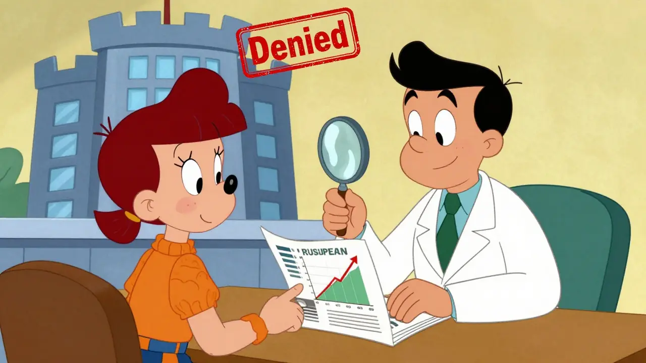 Cartoon of a doctor showing scientific evidence from a journal to a patient while facing insurance hurdles.