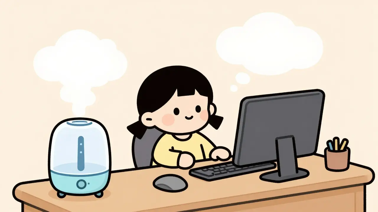 Character working at a desk with a small humidifier emitting mist