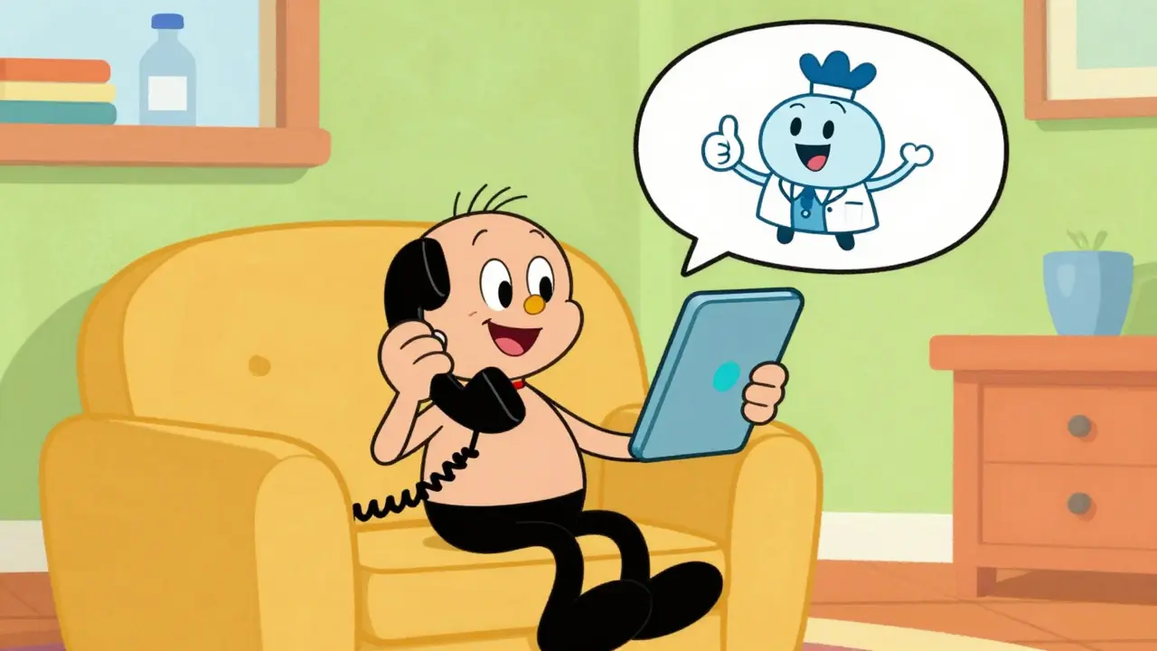 Cheerful cartoon person using a tablet for a virtual doctor visit in classic animation style.