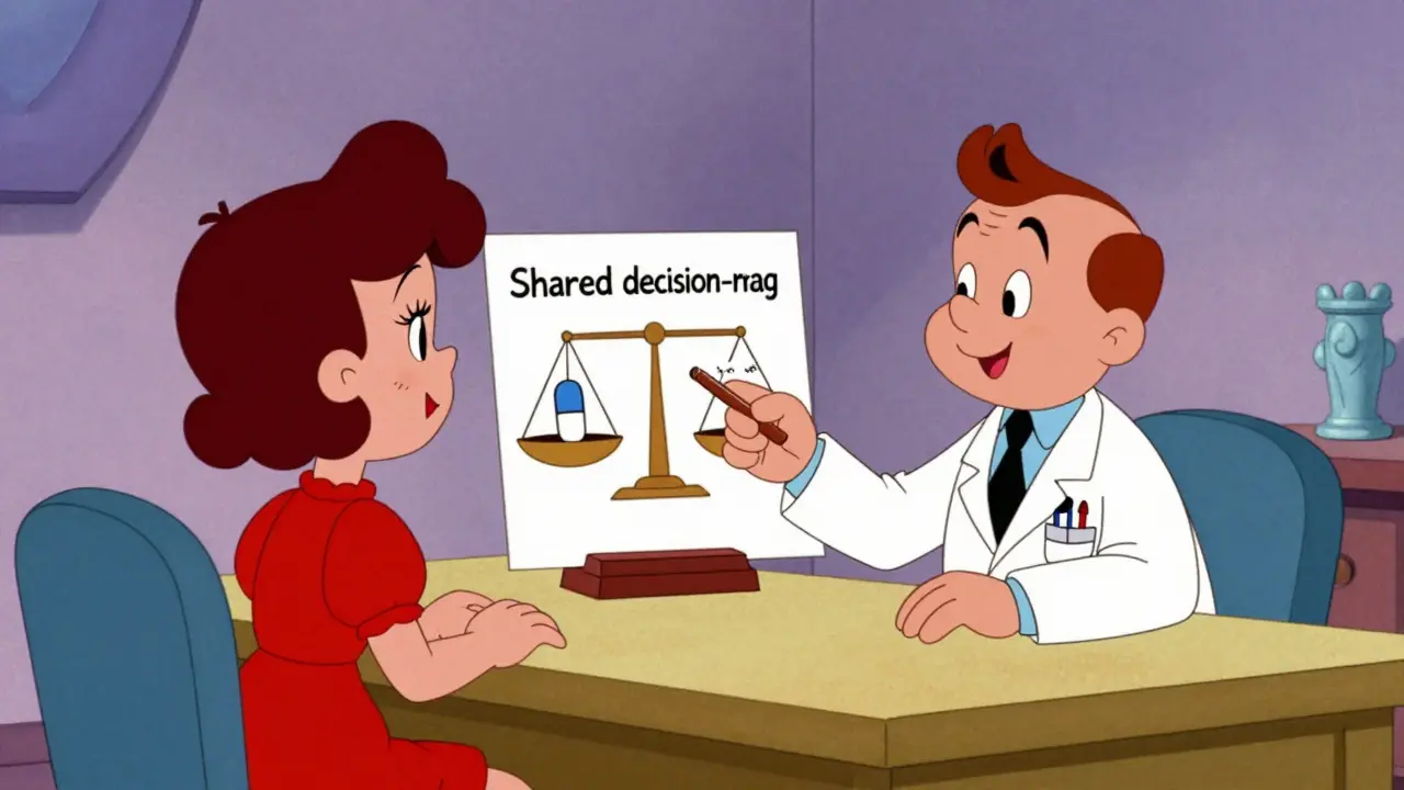 Doctor and patient discussing treatment balance using a scale in a vintage cartoon style.