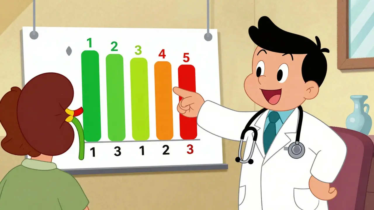 Doctor explaining kidney disease stages using a colorful chart to a patient