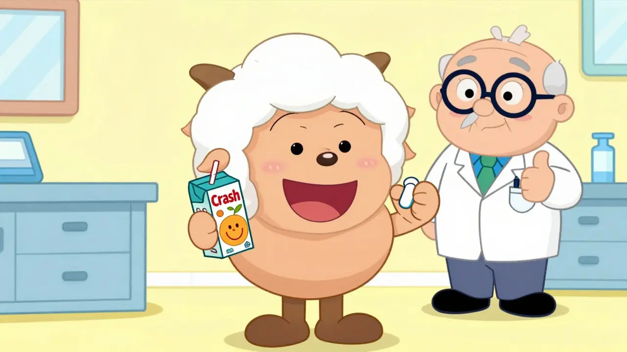 Elderly cartoon character holding a juice box and glucose tabs for safety.
