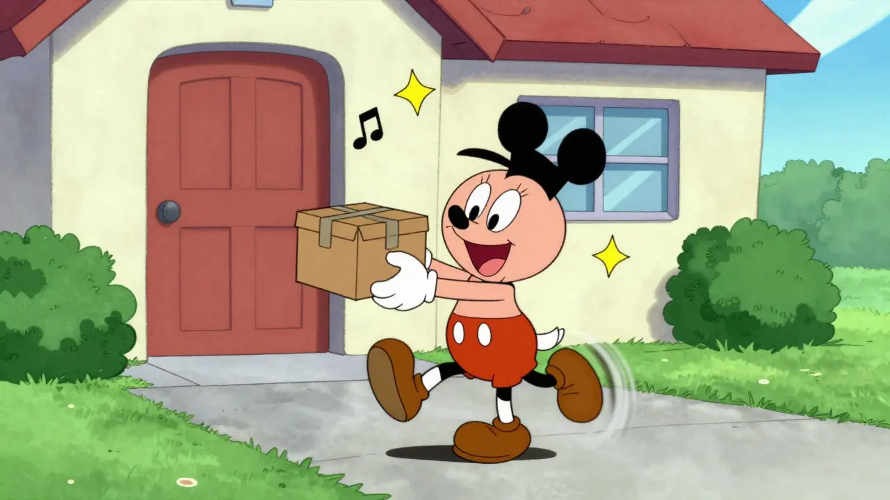 Happy cartoon character dancing while receiving a medication delivery package at home.