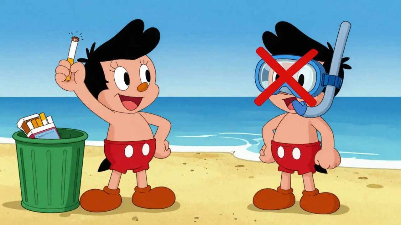 Illustration of a man quitting smoking and avoiding scuba diving to prevent lung collapse.