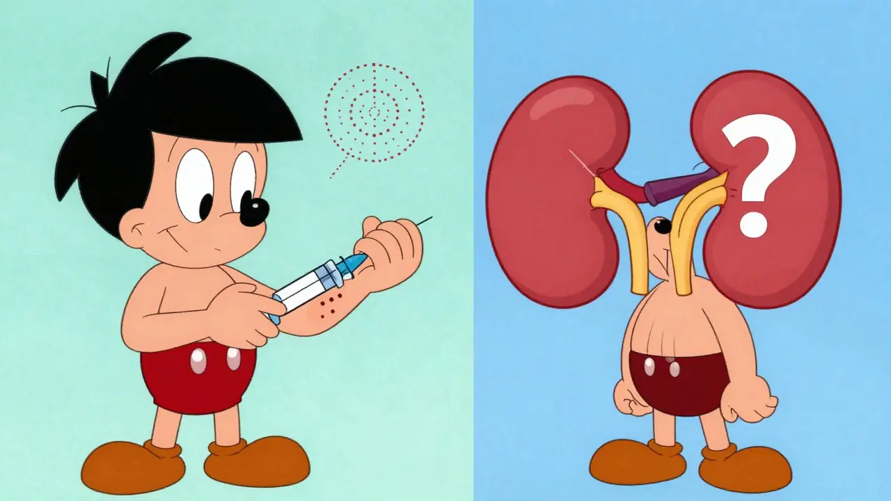 Illustration showing insulin site rotation and a kidney icon for medical safety.
