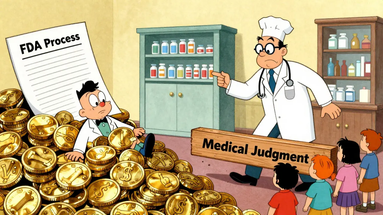 Illustration showing the high cost of FDA approval versus the necessity of medical judgment.